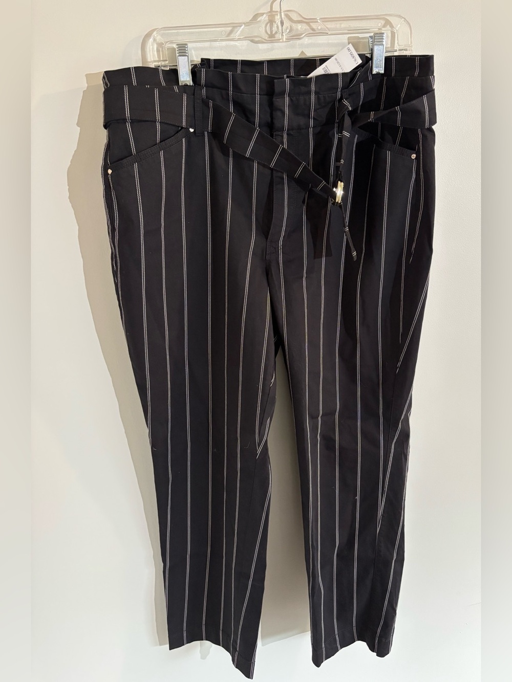 White House Black Market Black Pinstripe Slim Ankle Belted Pants NWT Size 14R